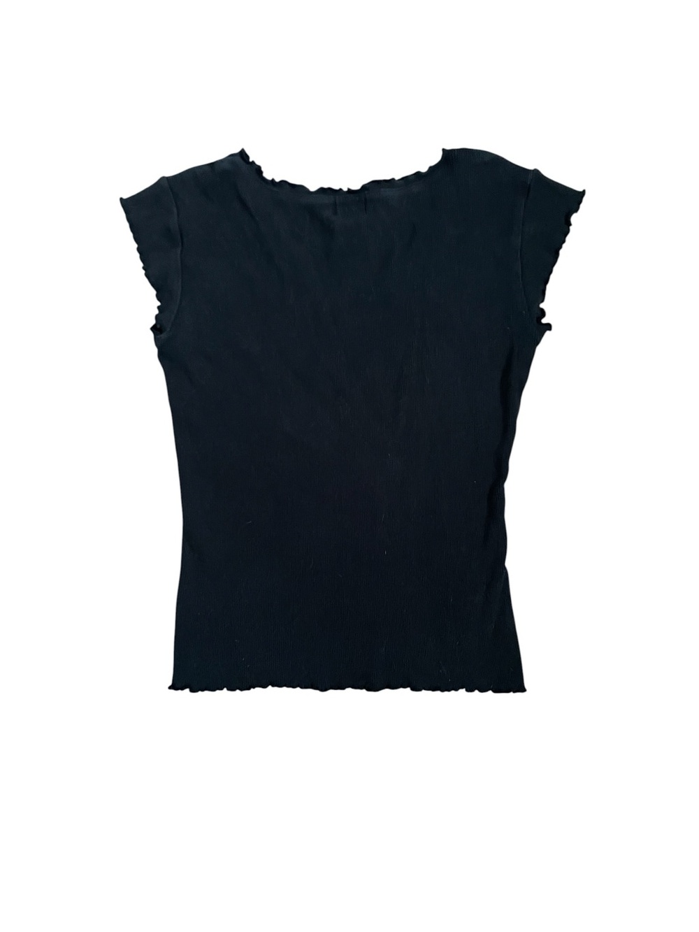 Calvin Klein Jeans Black Ribbed V-Neck Cap Sleeve Top with Lettuce Trim - Picture 2 of 9